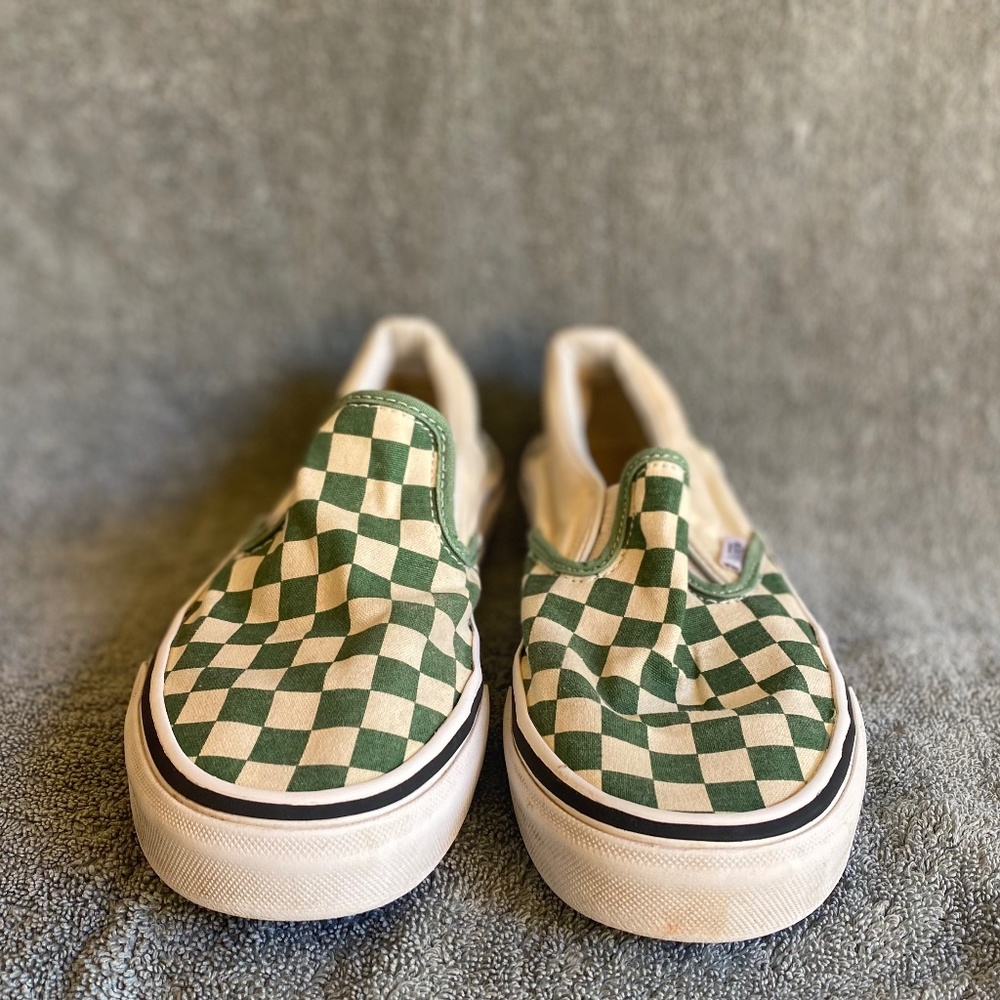 Vans Slip-On Green & White Checkerboard Shoes, US Men 4.5/ US Women 6